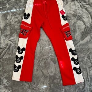 Civil regime x Disney Red and White Men's Sweatpants with Mickey Graphics